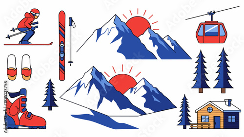 Winter ski resort: mountain adventure icons and alpine elements in flat style