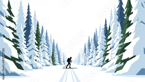 Silhouette of a cross-country skier in a snowy pine forest landscape