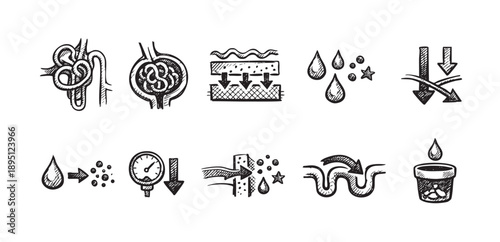 A set of hand-drawn diagrams illustrating the concept of filtration, purification, and separation processes on a clean white background. Useful for scientific, industrial, or educational themes.