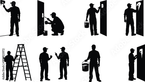 House Painter Silhouette Set Collection of Professional Wall Painting Men with Brush Bucket Ladder Job Icons Isolated Vector Illustration
