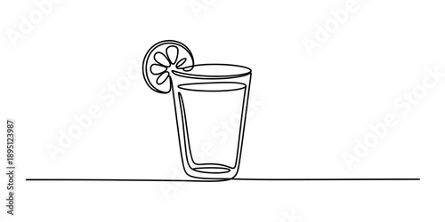Single continuous line art of a glass with a refreshing drink and a citrus garnish Vector, illustration