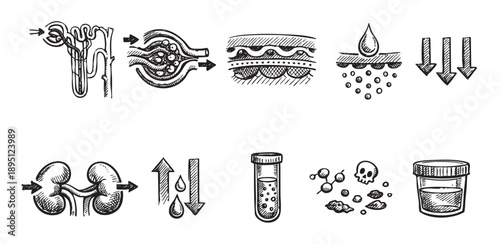 Hand-drawn illustration shows kidney function and anatomy including glomerular filtration, reabsorption, secretion, and excretion in simple diagrams ideal for educational materials.