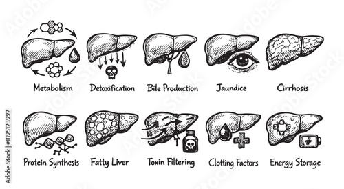 Black and white illustration depicts liver functions and diseases with hand-drawn sketches, including metabolism, detoxification, and conditions like jaundice and cirrhosis.