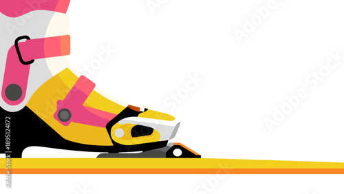 Colorful ski boot close-up with ski binding in modern flat style