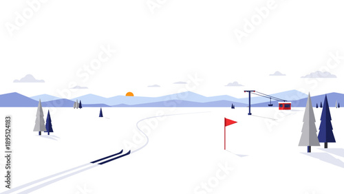 Minimalist winter landscape with ski lift and snowy mountains at sunrise
