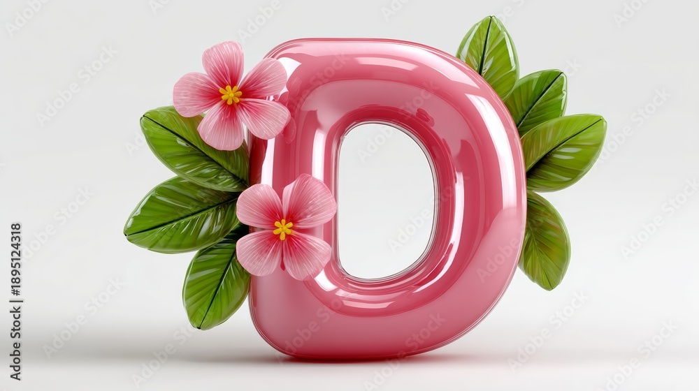 Fototapeta premium 3D rendering of letter D in glossy pink with vibrant flowers and green leaves, showcasing a playful design suitable for decorative or branding purposes on a light background