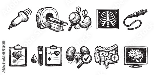 This collection of hand-drawn medical diagnostic icons features ultrasound, MRI, X-ray, endoscope, blood test, EKG, kidney, intestines, and brain scans.