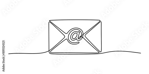 Continuous line drawing of an envelope with an at sign, symbolizing email communication. Vector, illustration