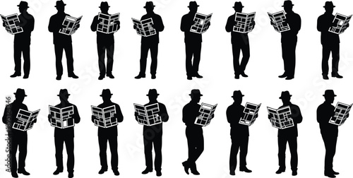 Man Reading Newspaper Silhouette Set Collection of Business Gentleman News Reader Poses Media Icons Isolated on White Background Vector Illustration