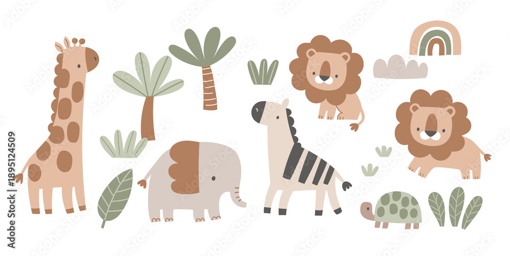 Obraz premium Cute Safari Animal Characters Collection for Nursery and Kids Design – Minimal Scandinavian Style Illustration