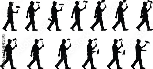 Painter Worker Silhouette Set Collection of Professional House Painting Man Poses Construction Labor Icons Isolated on White Background Vector Illustration