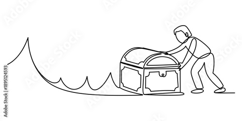 Continuous line drawing of a person pushing a large treasure chest over a wavy path Vector, illustration