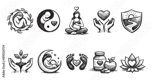 This hand-drawn icon set features pregnancy, maternity, and baby themes, perfect for health and wellness designs. Black and white sketches convey a nurturing and holistic mood.