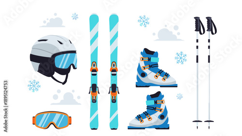 Winter sports equipment with skis, boots, helmet, and gloves in flat design