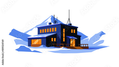 Modern mountain cabin at night with vibrant lights and snow-capped peaks