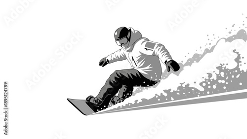 Snowboarder in action monochrome style with dynamic snow trail