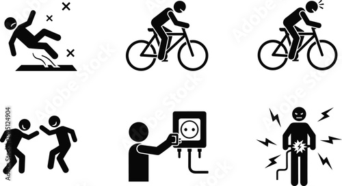 Safety Hazard Icon Silhouette Set Collection of Accident Risk Electric Shock Bicycle Warning People Danger Symbols Isolated Vector Illustration
