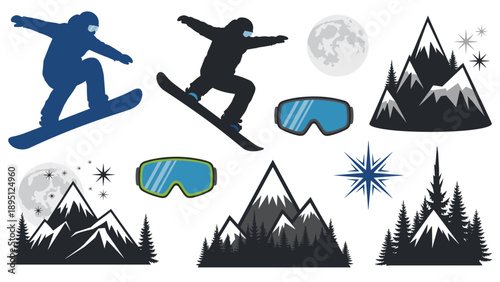 Winter sports adventure: snowboarding silhouettes, mountains, and snow gear