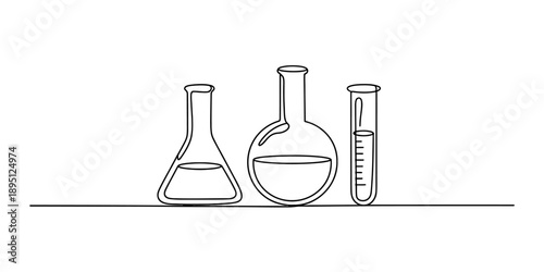 A continuous line art drawing illustrating various types of scientific laboratory equipment Vector, illustration