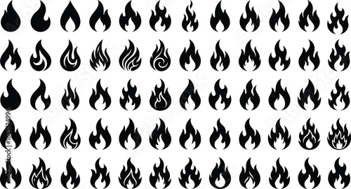 Vector collection of 72 unique flame icons in silhouette style, showcasing diverse fire designs for branding, graphic design, user interface, and creative illustration projects