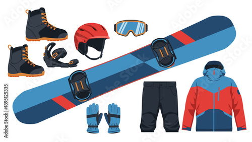 Winter sports gear set: snowboard, boots, helmet, and outerwear essentials