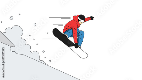 Dynamic snowboarder in minimalistic flat style capturing exciting outdoor adventure