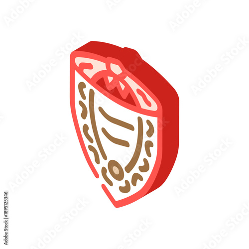 Heraldic shield icon displaying a historical emblem, symbolizing protection, security, and a rich heritage, rendered in a striking isometric style with red and gold hues for graphic projects