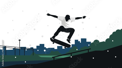 Dynamic skateboarding silhouette in urban park landscape