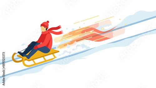 Winter fun: person sledding downhill in vibrant flat design