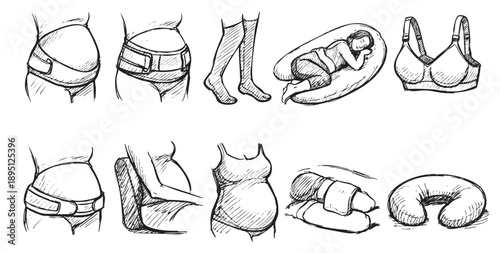Hand-drawn sketch of various pregnancy support items including belly bands, compression socks, nursing pillows and a maternity bra, on a white background.