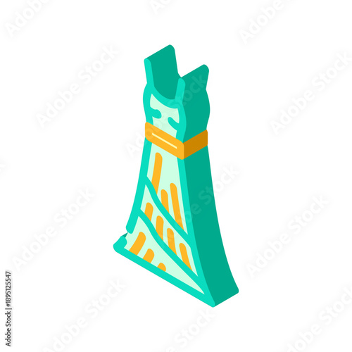 Wedding gown isometric icon showcasing a long, flowing dress with a structured bodice and a decorative belt, symbolizing bridal elegance and celebration clothing