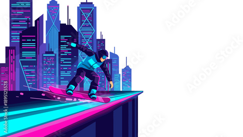 Futuristic cityscape snowboarding adventure in neon colors