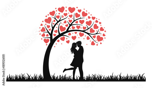 Valentine day romantic silhouette illustration showing couple embracing under heart shape tree in meadow