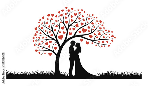 Couple silhouetted under heart-shaped tree, romantic scene symbolizing enduring love and growth