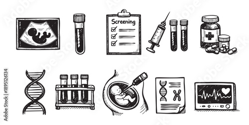 Hand-drawn illustration contains pregnancy and fertility icons, including ultrasound, screening checklist, IVF, medications, and DNA, suggesting healthcare and reproductive medicine themes.