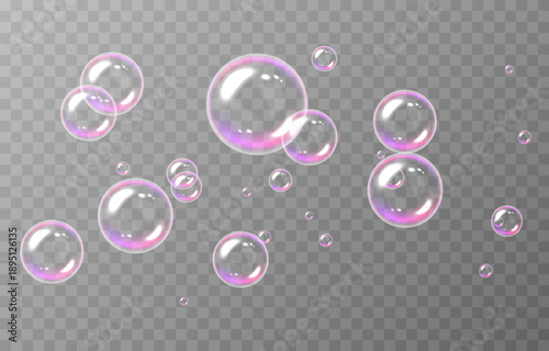 Realistic soap bubbles PNG. Flying soap bubbles on an isolated transparent background. Bubbles from foam or detergent.