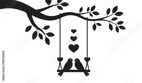 Silhouette illustration of two birds sitting on a swing under a tree branch with floating hearts