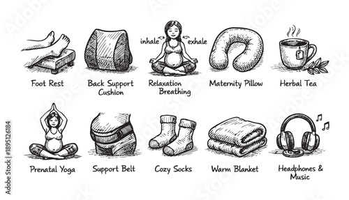 Hand-drawn illustration featuring items for pregnancy comfort and care, including yoga, support, relaxation, and cozy elements, rendered in black and white.