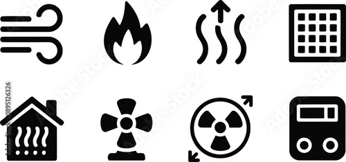 Set of eight black glyph icons depicting heating ventilation and air conditioning systems