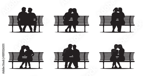 Set of diverse couple silhouettes sitting on park benches, showing various romantic interactions