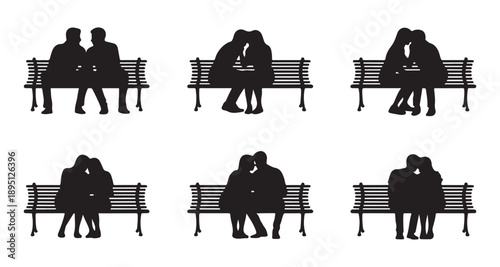 Couples on park bench silhouette collection showing affection and togetherness vector art
