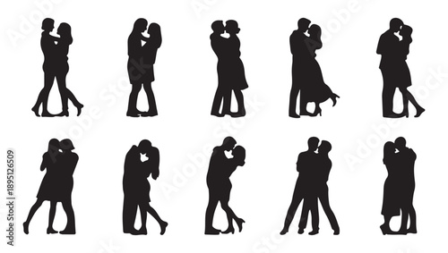 Set of ten standing couple silhouettes embracing and kissing in romantic poses for wedding design assets