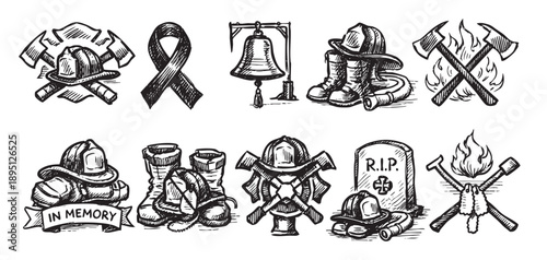 Line art illustration showing firefighter memorial icons, drawn in black ink on white. Firemen remembrance graphic design elements for posters, prints, web.