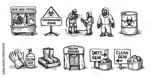 Illustration shows sketched decontamination procedures, gear wash station, hazmat suits, decontamination showers, and clean and dirty gear signs. Ideal for medical, emergency, and educational resource