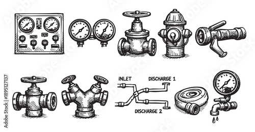 Detailed black and white sketch illustration showcasing plumbing components, firefighting equipment, valves, gauges, and pipes. Use for engineering diagrams, or educational materials.