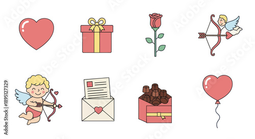 Valentine's Day Icons: Heart, Rose, Cupid, Gift, Chocolate, Love Letter, Balloon