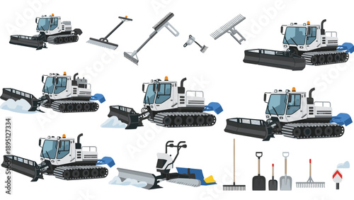 Isometric snow plow and garden tools set with shovel and rake illustrations