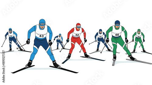 Competitive cross country ski race with athletes in colorful gear