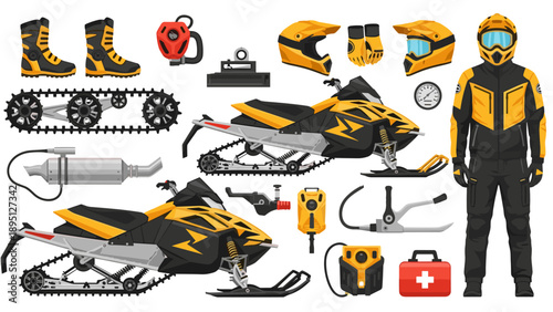 Winter sports gear and equipment with snowmobile and protective wear flat design