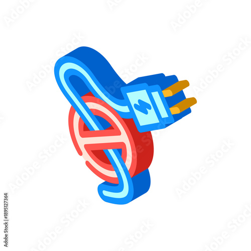 Electric plug and cable moving away from a forbidden sign, illustrating the concept of disconnecting power, saving energy, and turning off electricity in an isometric icon style